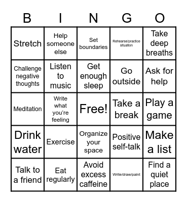 Stress Management Bingo Card