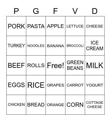 MyPlate Bingo Card