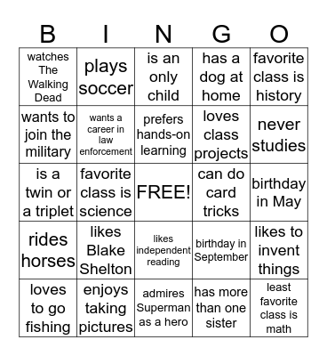 4th Period Bingo Card