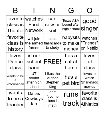 3rd Period Bingo Card