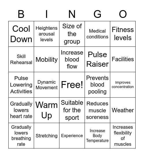 Sport Science LO2 Bingo Card
