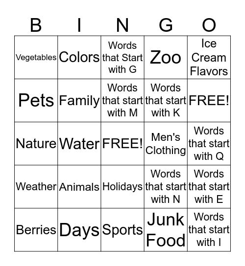 Catergories Bingo Card