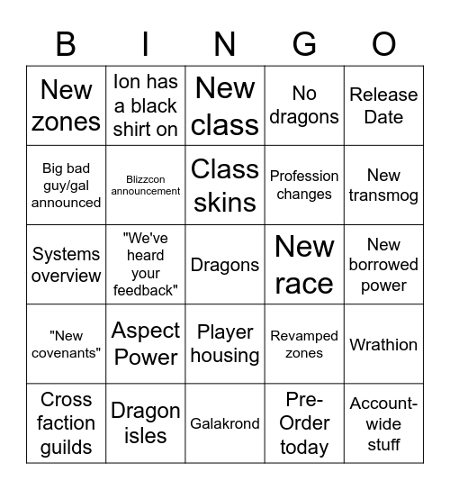 WoW Expansion Reveal Bingo Card