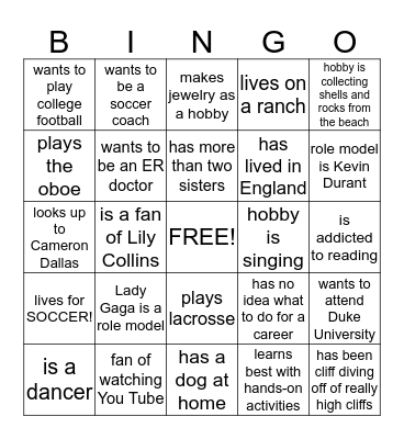 2nd Period Bingo Card