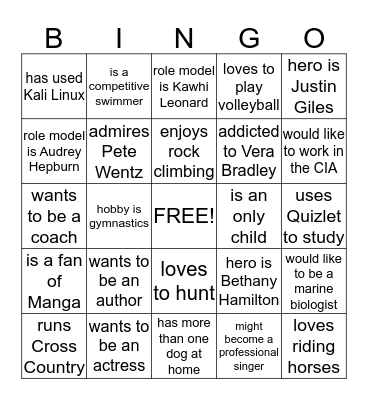 1st Period Bingo Card