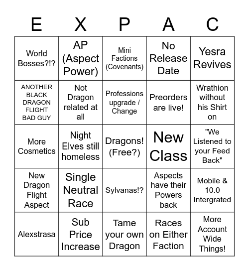 WoW 10.0 Expac Reveal Bingo Card