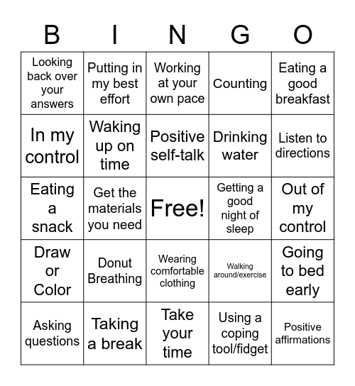 Small Group Test Anxiety Bingo Card