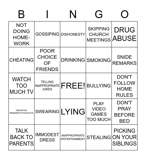 BAD HABIT BINGO BASH Bingo Card