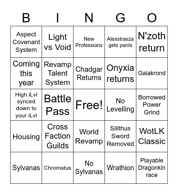 WoW Expansion Reveal 2022 Bingo Card
