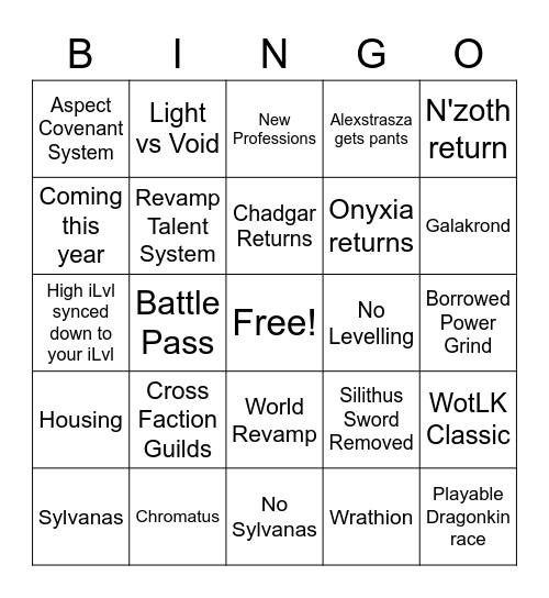 WoW Expansion Reveal 2022 Bingo Card