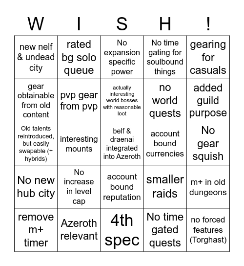 Wishlist Bingo Card