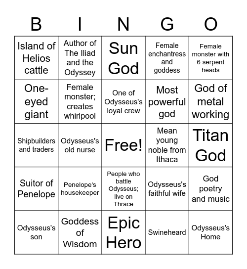 The Odyssey People & Places Bingo Card