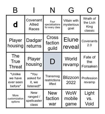 WoW Expansion Reveal Bingo Card
