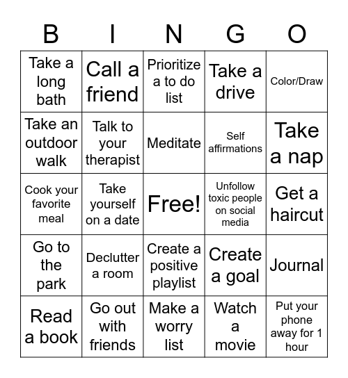 Self Care Bingo Card