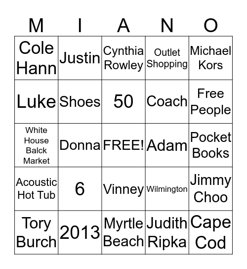 Nancy's 50th Bingo Card