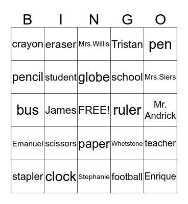 SPELLING WORD BINGO Card