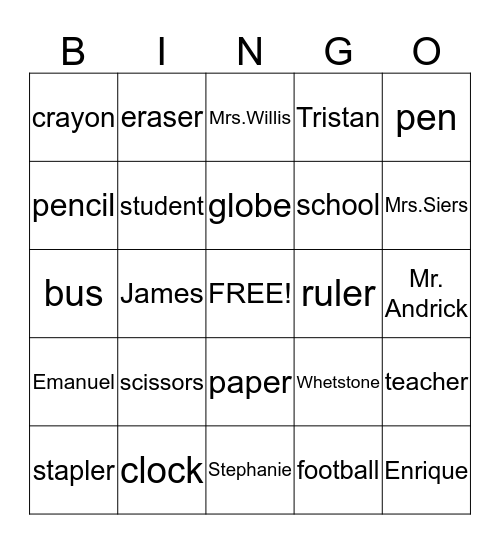 SPELLING WORD BINGO Card