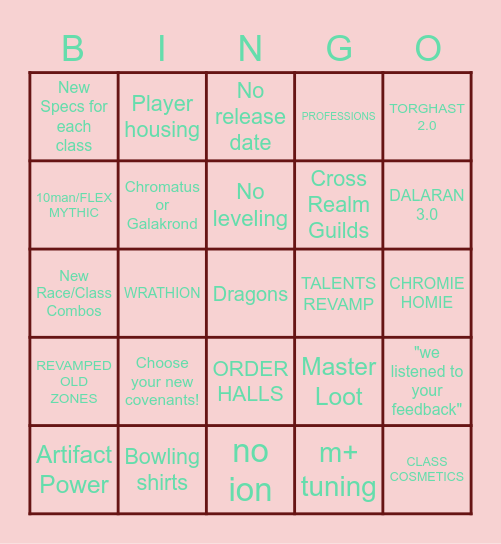 WoW Expansion Reveal Bingo Card