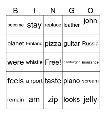 NOUN OR VERB Bingo Card