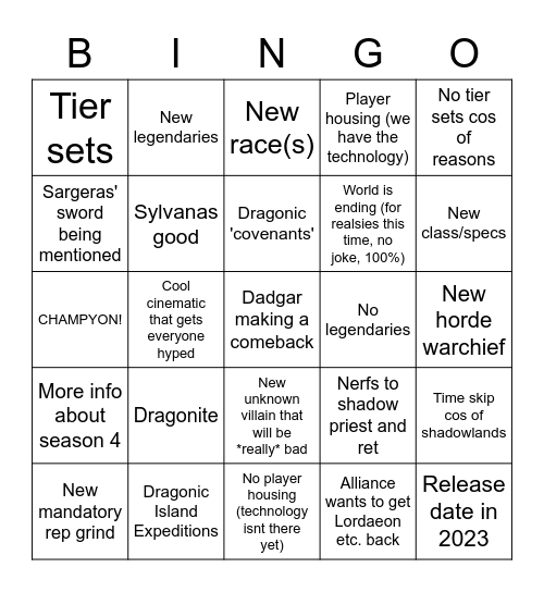Dragonflight expansion release bingo Card