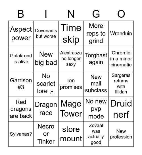 WoW expansion bingo Card