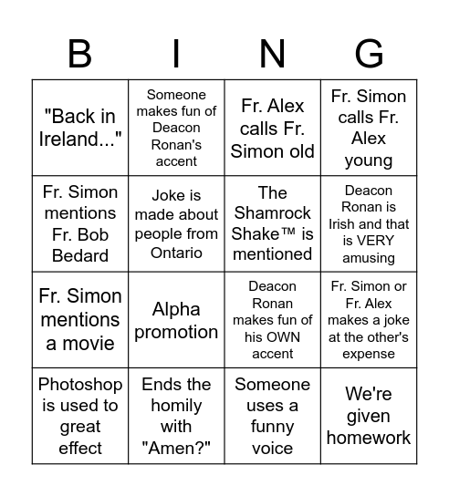 St. Benedict Parish Homily Bingo Card