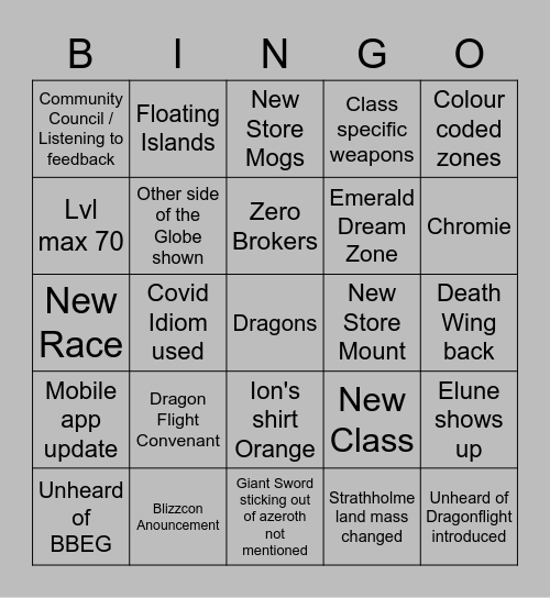 World of Warcraft Anouncement Bingo Card