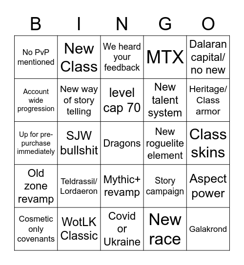 WoW exp announcement Bingo Card