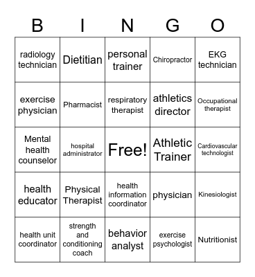Health Science and Kinesiology Job Bingo Card