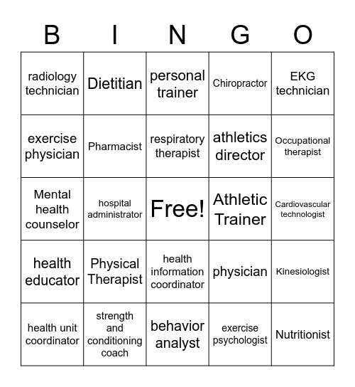 Health Science and Kinesiology Job Bingo Card