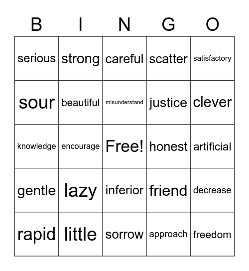 ANTONYMS Bingo Card
