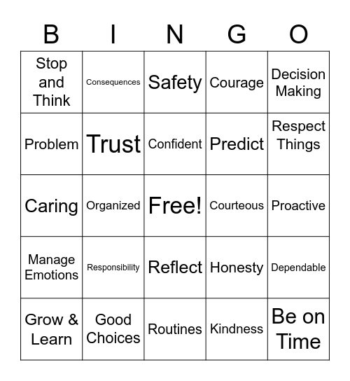 Responsibility Bingo Card