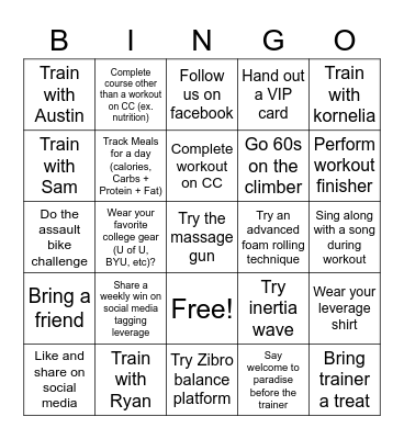 Leverage Fitness Bingo Card