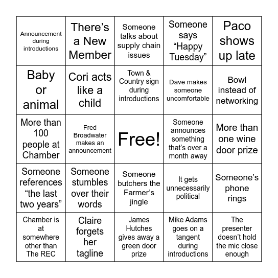 Keizer Chamber Greeters Bingo Card