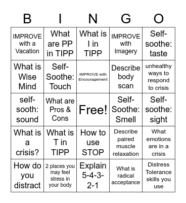 Distress Tolerance Bingo Card