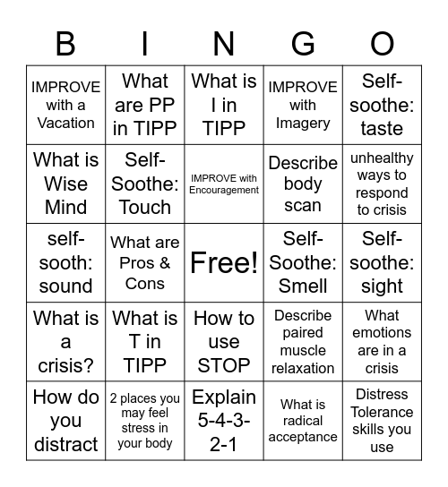 Distress Tolerance Bingo Card