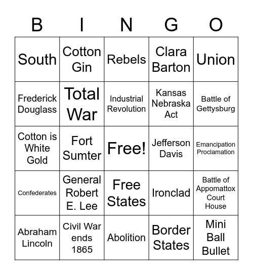 7th Grade Civil War Bingo! Bingo Card