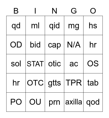 Medical Abbreviations Bingo Card