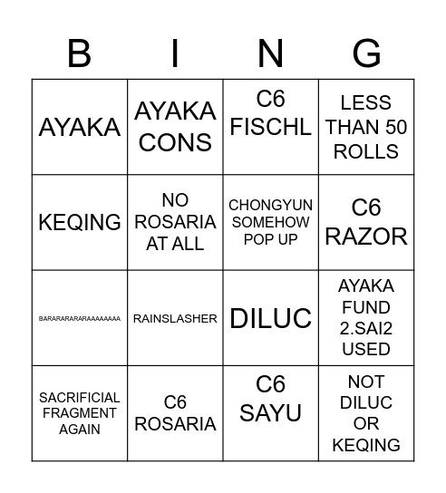 Ayaka Banner Bingo Card