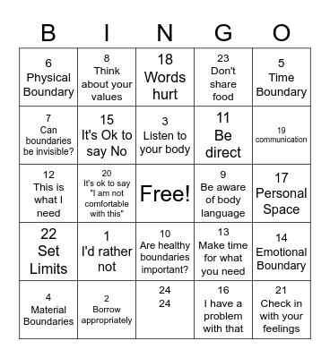 Boundaries Bingo Card