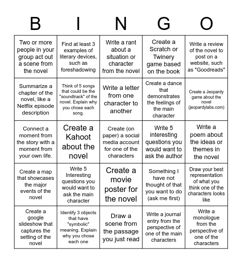 Novel Study Bingo Card