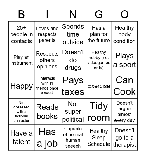 Normal Human Bingo Card