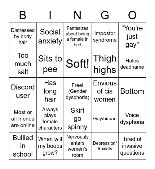 Trans Girl Bingo Card
