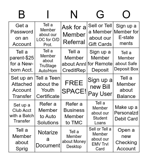 Sunset Credit Union Products and Services Bingo Card
