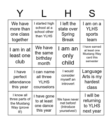 Mustang Bingo Card