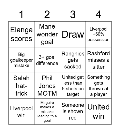 Liverpool vs Man United Bingo Card