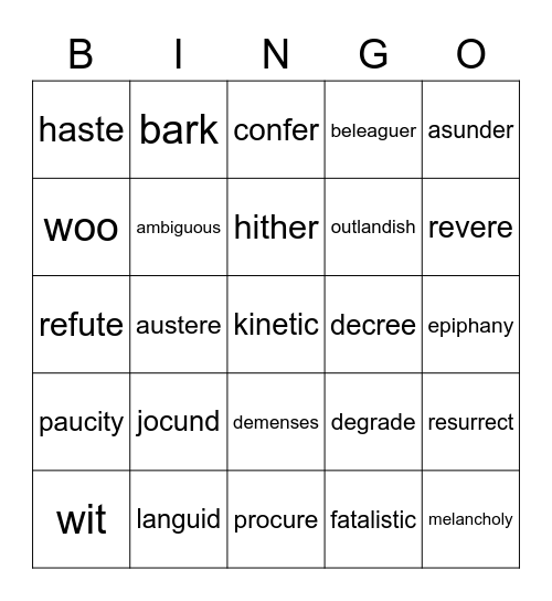 Vocab 15, 5 & 2 Bingo Card