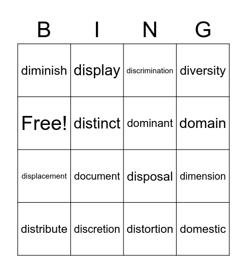 AWL: the "d's" Bingo Card