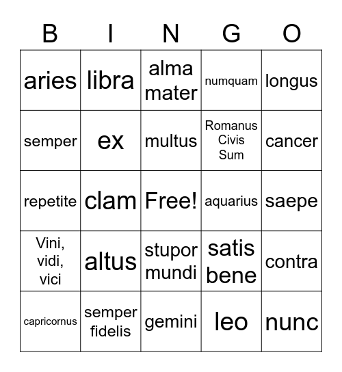 Latin Bingo 10-20 Bingo Card
