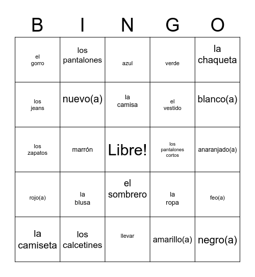 La Ropa y Los Colores Bingo Card